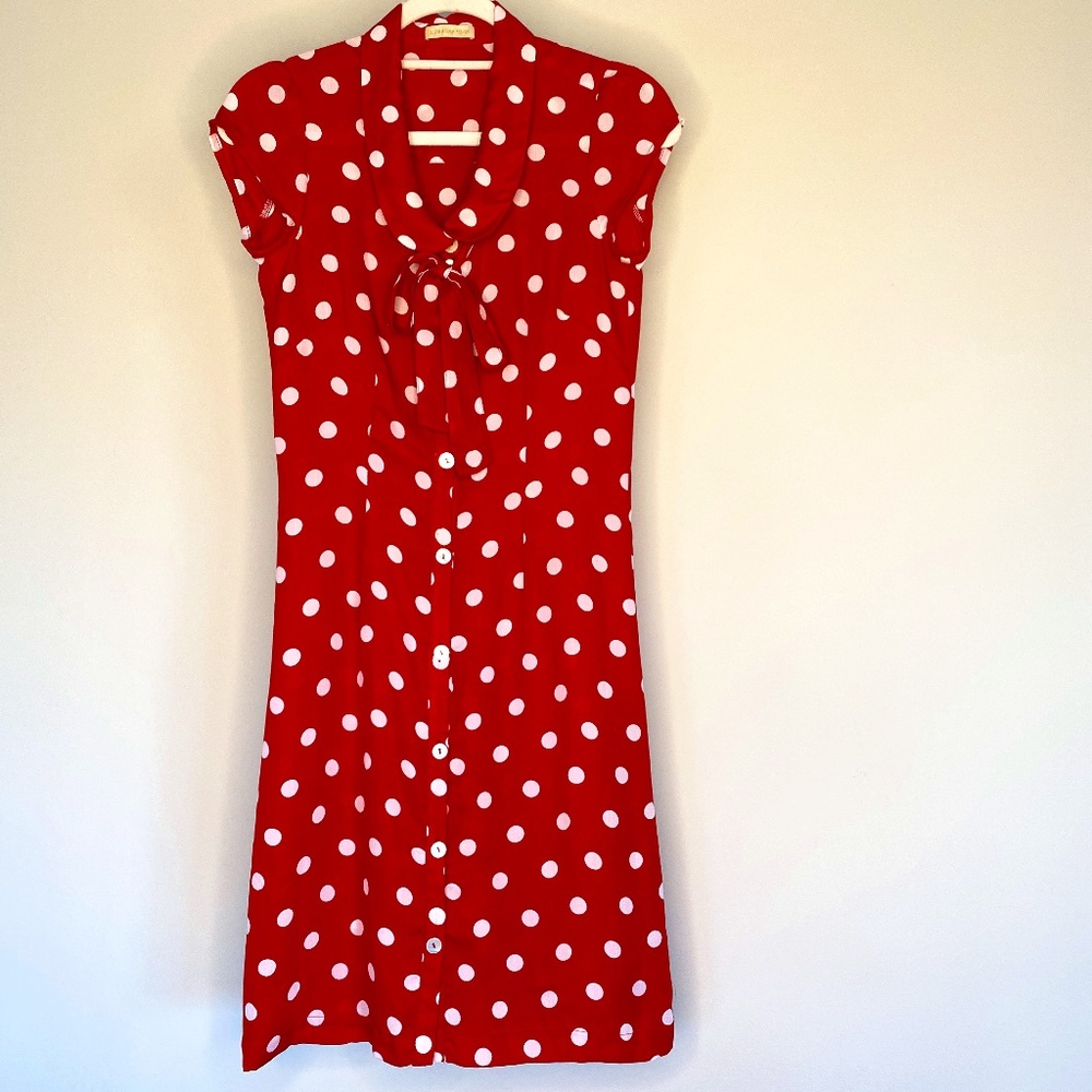 Red Alexandra Höjer Button Up Dress with White Polka Dots